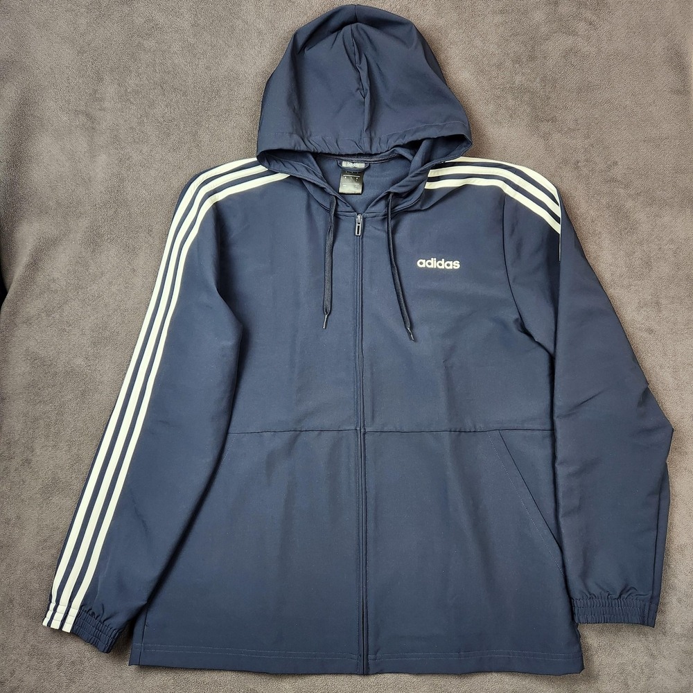 Adidas Windbreaker Jacket Mens Large Navy Blue Essential 3 Stripe Full Zip Hood